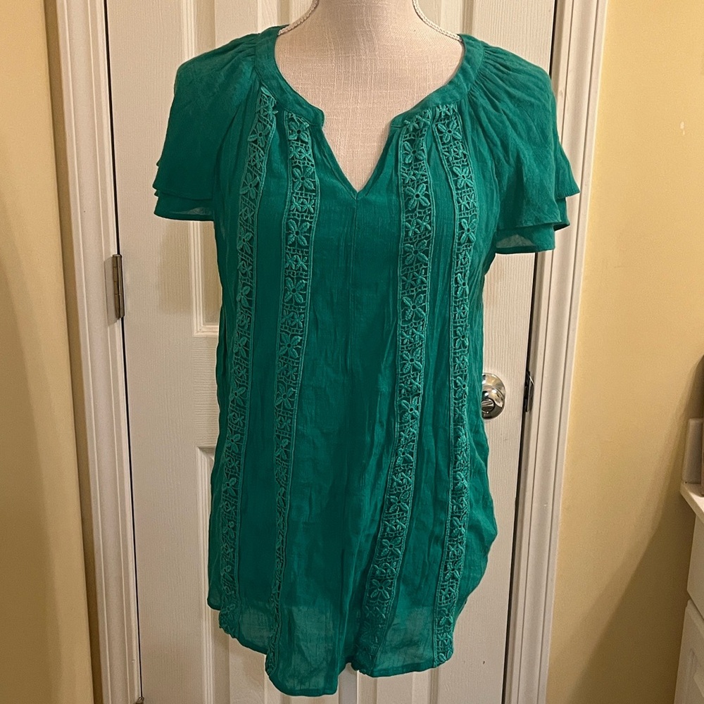 Women's Green Short-Sleeve Embroidered Blouse, Size L